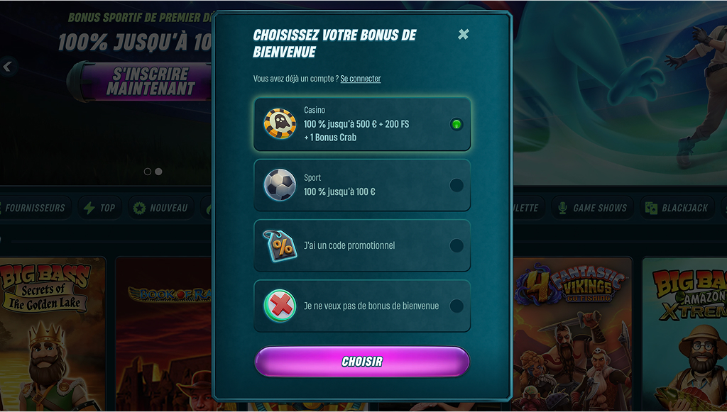 Inscription au casino Caspero